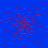 Blue background with scattered red pixel clusters and a solid gray rectangle in the bottom-right corner.