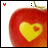 Red apple with yellow heart-shaped cutout containing small red heart, surrounded by white background and scattered red dots.