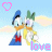 Animated contact sheet of Disney characters Donald Duck and Daisy Duck kissing with pink hearts and 'love' text on a light blue sky background.