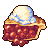 Pixelated slice of pie with red fruit filling, golden-brown crust, and white ice cream topped with blue and white swirls.