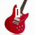 Red electric guitar with white pickguard and black neck, six red circular buttons on body, displayed in a of six with different text overlays