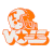 Pixelated orange and white icon featuring a cartoonish character with large eyes, a star on its chest, and a banner-like shape below it.