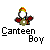 Pixelated character with yellow and red crown, white face, red sleeves, green torso, holding a blue object against gray background.