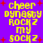 Pixelated yellow text on purple background with red plus signs, displaying 'cheer dynasty rockz my sockz' repeated in two
