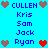 Pixelated blue background with repeated names and heart icons in brown, red, and blue.