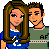 Pixel art featuring a couple in blue and green tops with light pants, alongside text elements like "I Love You," "XOXO," and names.