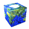 A rotating 3D cube displaying Earth's surface with blue oceans, green-brown landmasses, and a white polar cap, viewed from multiple angles in a
