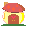 Pixel art house with red mushroom roof and brown door, transitioning to a white rabbit-like character emerging from the doorway.