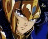 Animated sequence of a character in golden armor with blue accents, transitioning from close-up to hand gesture and energy burst.