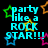 Pixelated text reads 'party like a ROCK STAR!!!' with five colored stars on black background.