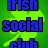 Green background with bright green four-leaf clovers and blue text reading 'IRISH social club' in pixelated font.