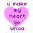 Pixelated pink heart with purple text 'u make my heart go whoa' on white background, displayed in four identical