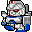 Four pixelated mecha icons in a , each with silver armor, blue accents, red eyes, and small red-and-white head markings