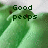 Green cartoon character with dark eyes and pixelated text reading 'Good peeps', 'stick', and 'together' across four