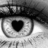 A grayscale close-up of a stylized eye with a heart-shaped pupil, framed by thick eyelashes and an arched eyebrow.