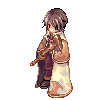 Pixel art character in beige and brown robe holding a brown object, shown in six sequential poses with slight head and body shifts.