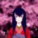 Animated sequence of a character in red traditional clothing against pink cherry blossoms, showing eye and head movements.