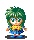 A 4x3 grid of pixel art frames showing a green-haired character in blue and yellow clothing performing various poses against a gray background.