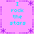 Pixelated graphic with cyan text "I rock the stars" repeated four times on a pink background, bordered by purple asterisks and dotted lines.