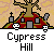 Pixel art of a hill with a tree, tombstones, and a house, labeled 'Cypress Hill' with animated elements.