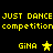 Yellow pixelated text and star icons on black background with repeated 'JUST DANCE' and 'competition' lines.