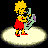Animated contact sheet of a pixelated cartoon character with yellow hair and red shorts performing sequential movements while holding a green-and-purple object against a black background with circular light effects.