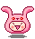 Pixel art bunny head with pink body, red eyes, and tongue sticking out in two expressions against gray background.