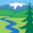 Pixelated landscape with blue sky, white cloud, green hills, winding blue stream, and dark green tree on right.