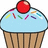 Pixelated cupcake icon with light blue frosting, brown paper liner, red cherry on top, and multicolored sprinkles.
