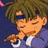 Pixelated anime-style character with closed eyes, brown hair, and a blue-and-white outfit against a dark blue background.
