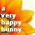 A static pixelated image with a warm orange-yellow gradient background and white text reading 'a very happy bunny' in four lines.