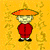 Pixelated character in red robe and orange conical hat on yellow patterned background, shown in multiple poses including standing, bowing, and hat removal.