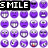 purple pixelated faces with text labels 'SMILE', 'LAUGH', and 'GRIM' over white background, some faces show mouth variations
