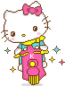 Pixel art Hello Kitty avatar on pink scooter with yellow accents, pink bow, blue and yellow outfit, and scattered star shapes.