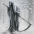 Pixelated figure in dark clothing holding a long curved object against light gray background.
