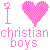 Pixelated pink and red heart icons with 'I' symbols flank text reading 'christian boys' in pixelated pink font on white background.