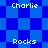 Pixelated blue and dark blue checkered background with white text reading Charlie, Rocks, and Charlie in multiple positions.