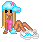 Pixel art icon of a cartoon girl with long blonde hair wearing a blue hat and pink top, sitting on a brown patterned surface with white shoes featuring blue accents.