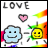 A 4-frame animated contact sheet showing a blue cloud and yellow sun character with changing heart symbols above them, all under the word "LOVE" on a white background with rainbow stripes.