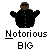 Pixelated static icon of a character in black clothing with arms outstretched, below which is text reading "Notorious" and "BIG" on a gray background.