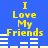 Blue background with yellow text reading "I Love My Friends" in two vertical , each containing three horizontal white bars below the text