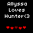 Pixelated text reads 'Allyssa Loves Hunter<3' above five red heart icons on a black background, with one heart changing color between frames.