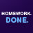 Pixelated text on dark purple background: 'HOMEWORK' in white above 'DONE' in light blue.