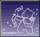 Pixelated white line drawing of a bear-like figure holding a star, with yellow shooting stars appearing and disappearing against a purple gradient background.