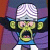Pixelated cartoon character with green skin, large ears, and a checkered white hat against purple background.