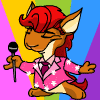 A cartoon pony with red hair and a pink star-patterned jacket holds a black microphone against a colorful striped background.