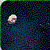 A pixelated image with a dark blue and green patterned background and a small light-colored object on the left side.