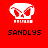 Pixelated white skull icon with red eyes and mouth on red background, labeled 'SANDLYS' below in black text, with visible pixelation and slight variations