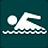 Pixelated white figure in swimming pose on dark teal background with wave pattern at base.