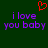 Dark green background with red pixelated heart above purple text reading "i love you baby" repeated twice.